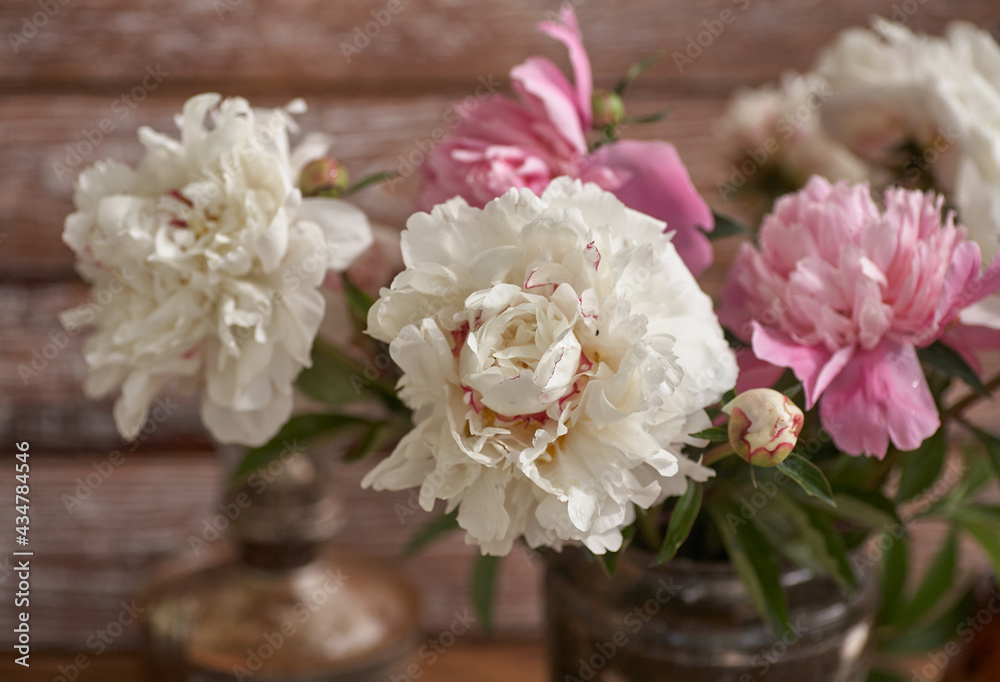 Paionies flowers isolated on wooden background. Paionies flowers isolated on wooden background.