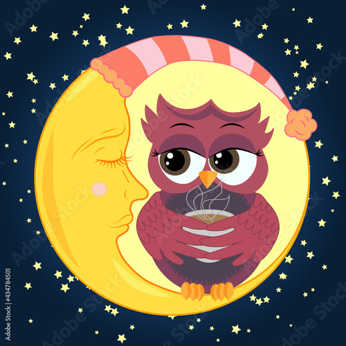 Cute cartoon owl coquettish with a cup of coffee sitting on a crescent moon dormant in the night sky with stars
