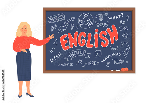 English lesson. Teacher standing near blackboard with english language doodle