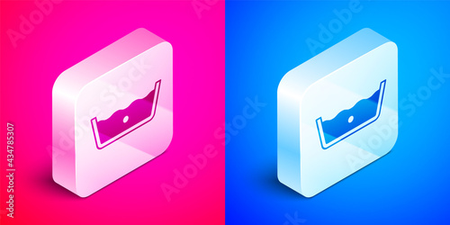 Isometric Washing under 30 degrees celsius icon isolated on pink and blue background. Temperature wash. Silver square button. Vector