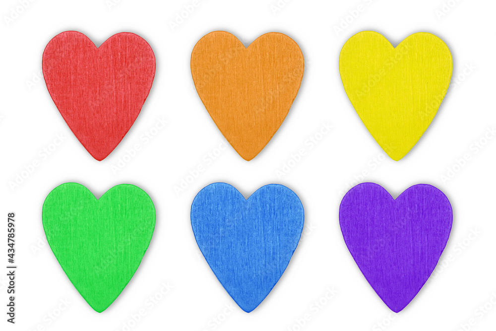 Six isolated hearts in the color of the LGBT flag, can be used as a border or pride line of the gay and lesbian community, design flyers, greeting cards and invitations.LGBT-Valentine's Day.