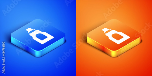 Isometric Plastic bottle for laundry detergent, bleach, dishwashing liquid or another cleaning agent icon isolated on blue and orange background. Square button. Vector
