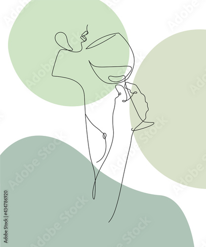 Nude woman with glass of wine in hand, one line drawing on white isolated background. Vector illustration