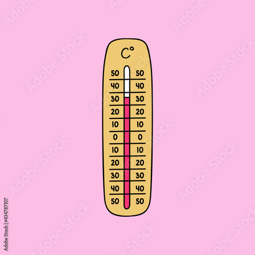 Celsius meteorology thermometer measuring heat and cold, vector illustration. Thermometer equipment showing hot or cold weather. Cute hand drawn clipart with hand drawn outline isolated on background.
