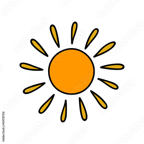 Cute, funny hand drawn vector clipart sun. Stylized illustration with hand drawn outline isolated on background. For sticker, scrapbook, fabric, social media, posters, patterns, socks, wrapping paper.