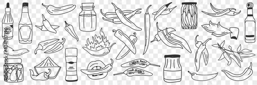 Cooked chilli pepper doodle set. Collection of hand drawn various types of cooked preserved pickled pepper hot and spicy for eating in rows isolated on transparent background 