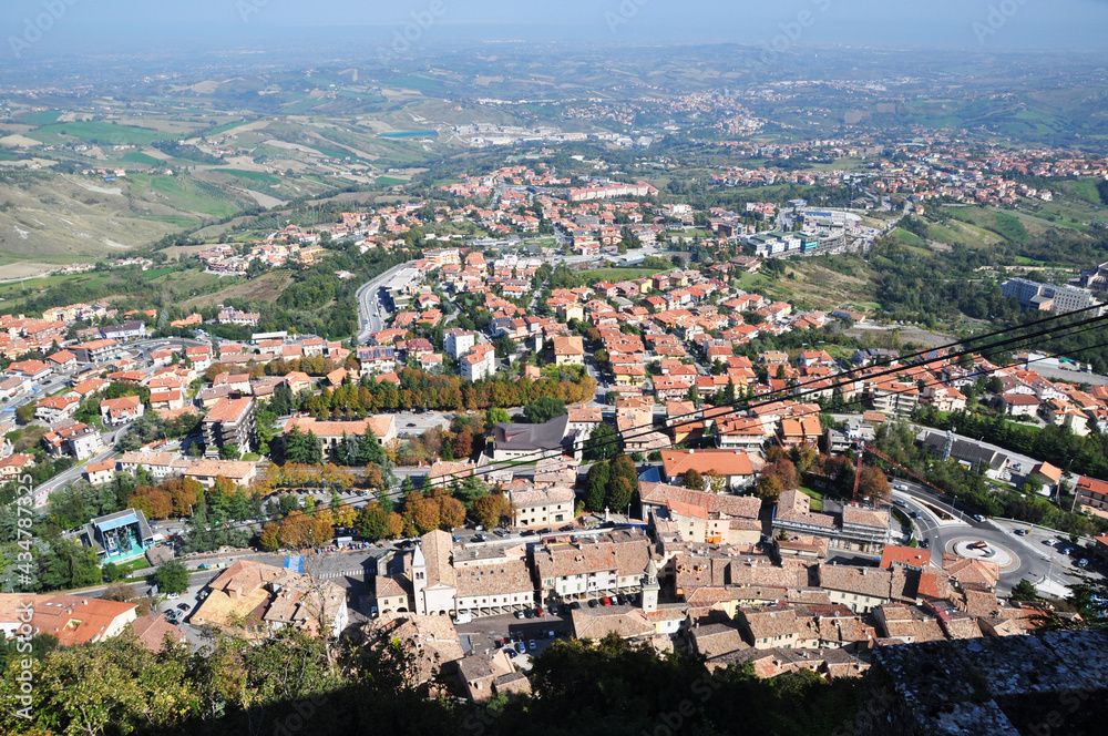 A panoramic top view of the suburban areas of San Marino. Horizontal shot, panorama.
