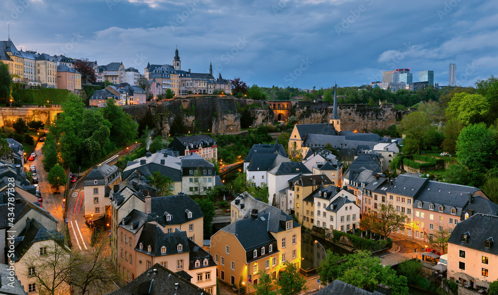 Luxembourg City on a cloudy evening, cityscape from classic view location. Luxembourg, Europe.