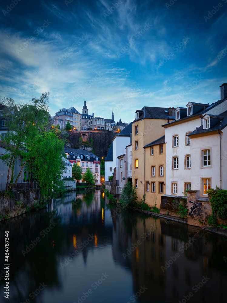 Alzette river in the evening with beautiful reflections, Luxembourg city , ground. Europe, Benelux region.