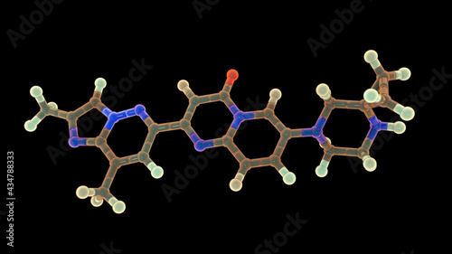 Risdiplam drug molecule, 3D illustration. A medication used to treat spinal muscular atrophy photo