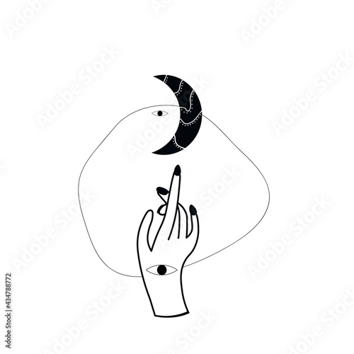 Alchemical esoteric mystical magic heavenly symbol with female palm, eye, sacred geometry stars and moon isolated. The object of spiritual occultism. Vector illustration in black outline style.