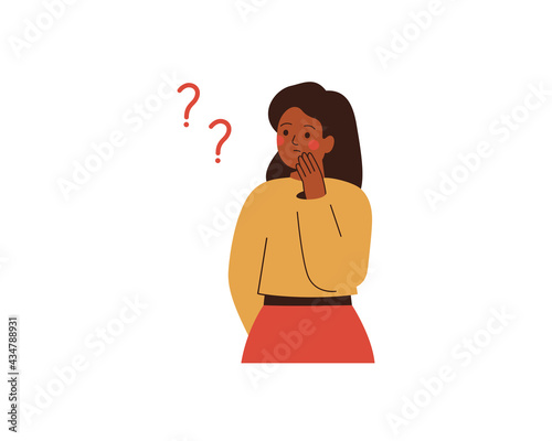 Black woman thinks about something and looks at question marks. Thoughtful African girl makes the decision or explains some things for herself. Vector illustration