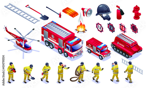 Wallpaper Mural Firefighters, fire trucks, fire fighting helicopter and firemen tools Set isometric icons on white isolated background Torontodigital.ca