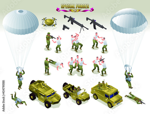 Special operations forces collection with military training soldiers and Military Vehicles set isometric icons on white isolated background