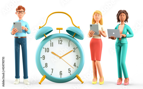 Wallpaper Mural 3D illustration of business people team standing nearby a huge vintage alarm clock. Happy multicultural human characters using digital tablets and laptops. Successful teamwork, task due dates. Torontodigital.ca