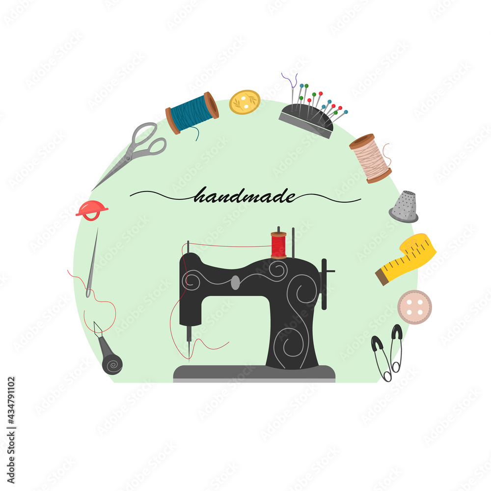 Illustration of a sewing machine and tools. Buttons, spool of thread ...