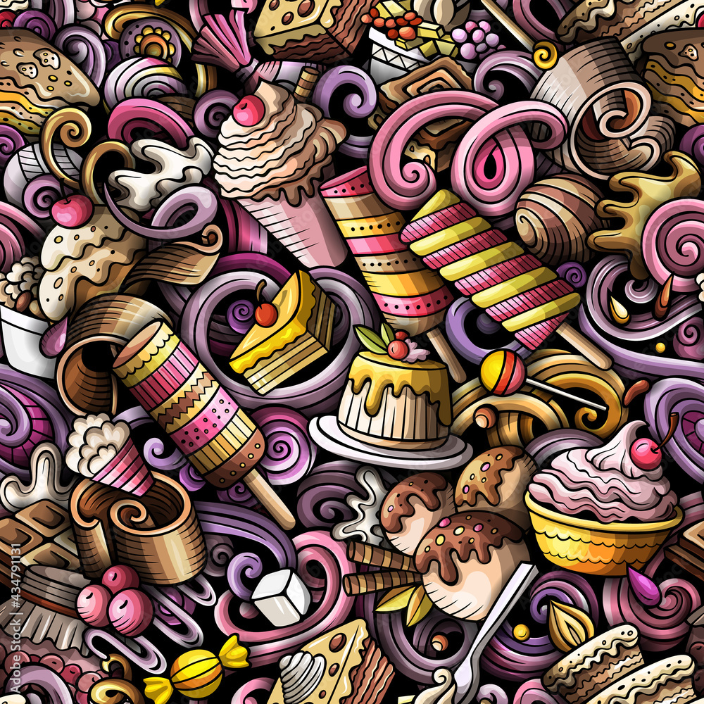 Cartoon doodles Desserts seamless pattern.