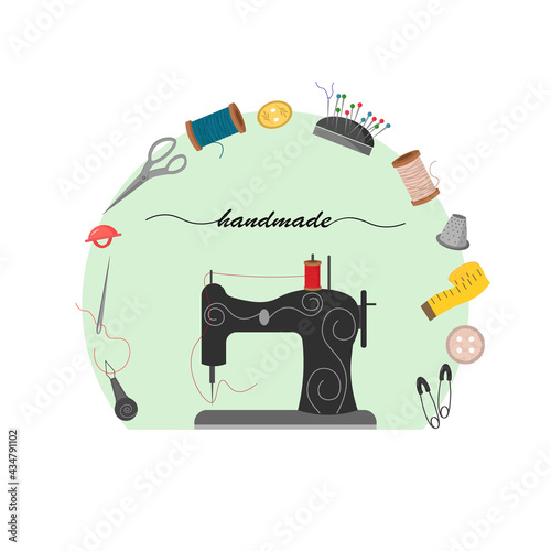 Illustration of a sewing machine and tools. Buttons, spool of thread, needle, pin cushion. Vector illustration isolated on white background. For logos and business cards, icons, ateliers, fashion
