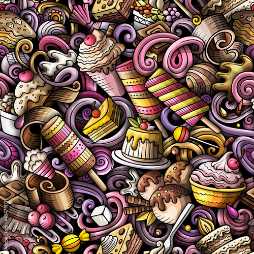 Cartoon doodles Desserts seamless pattern. © balabolka