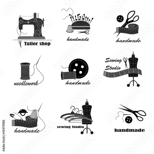Set with logos, icons of sewing tools. Sewing machine, mannequin, buttons and needles, spools of thread and pins. For use in the apparel industry and clothing boutique shops, tailor shops and tailors
