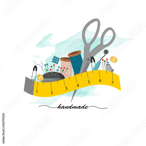 Sewing set of various tools for needlework. A centimeter, buttons, a spool of thread, a needle, a pillow for pins. Vector illustration. For logos and business cards, icons, tailor shop, fashion