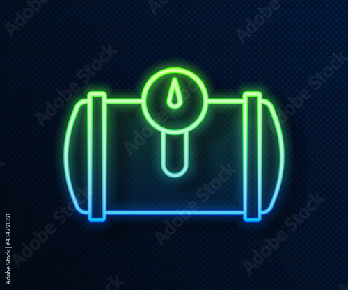 Glowing neon line Gas tank for vehicle icon isolated on blue background. Gas tanks are installed in a car. Vector
