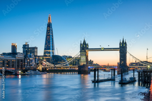 London skyline at dusk with Tower Bridge and The Shard