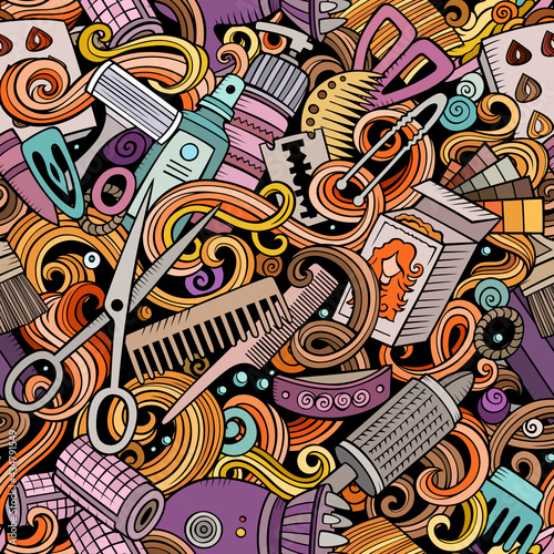 Hair Salon hand drawn doodles seamless pattern. Hairstyle background.