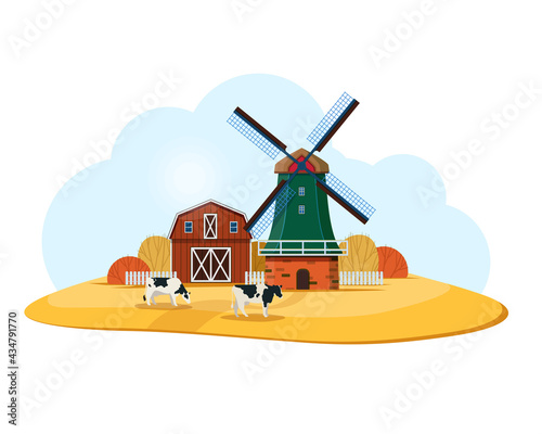 Countryside scene with windmill, barn and agriculture field. Farm landscape. Vector illustration in flat style