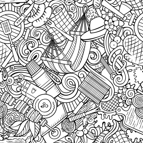 Picnic hand drawn doodles seamless pattern. BBQ background.