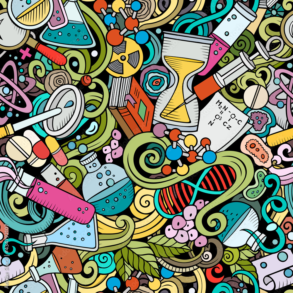 Science hand drawn doodles seamless pattern.