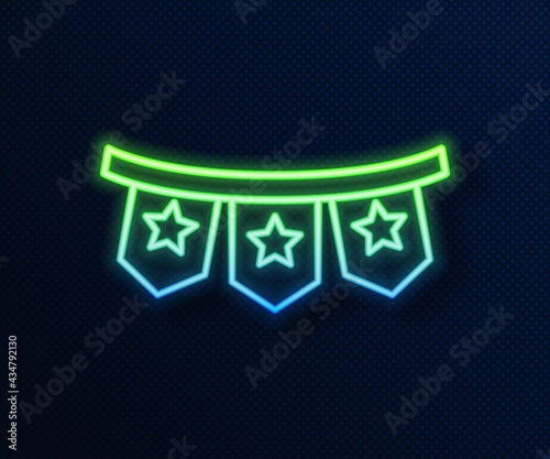Glowing neon line Carnival garland with flags icon isolated on blue background. Party pennants for birthday celebration, festival decoration. Vector