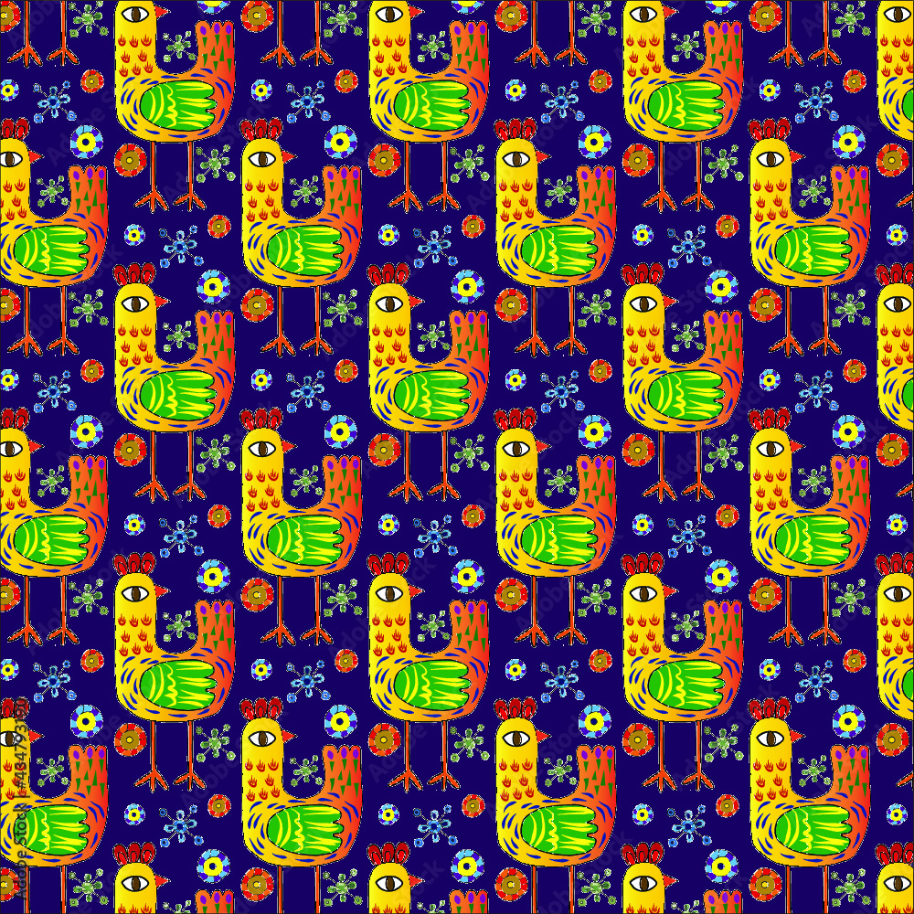 Gallina de granja muy colorida con fondo plano y decoraciones geométricas. 