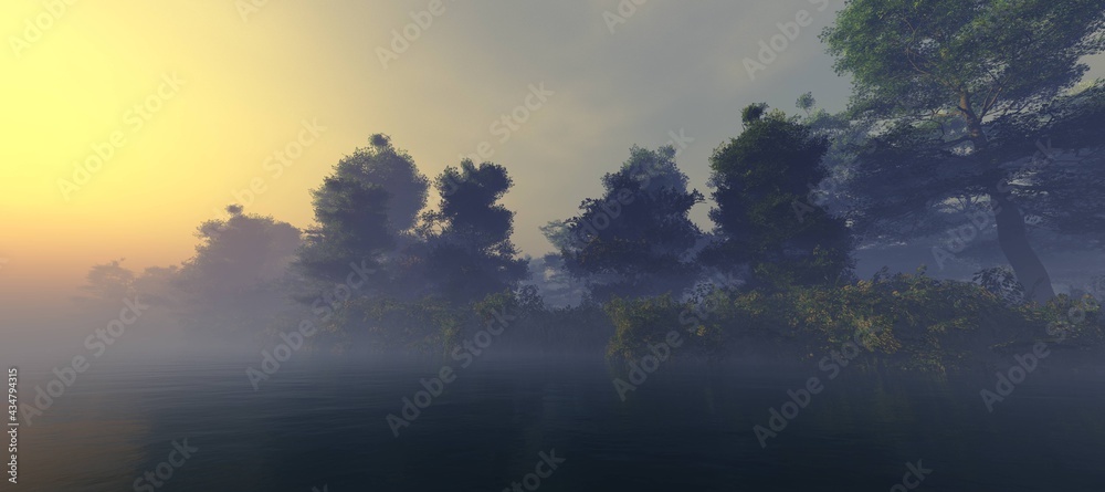 Sunrise over the river bank, forest on the bank in the fog, the sun in the haze over the water, 3D rendering