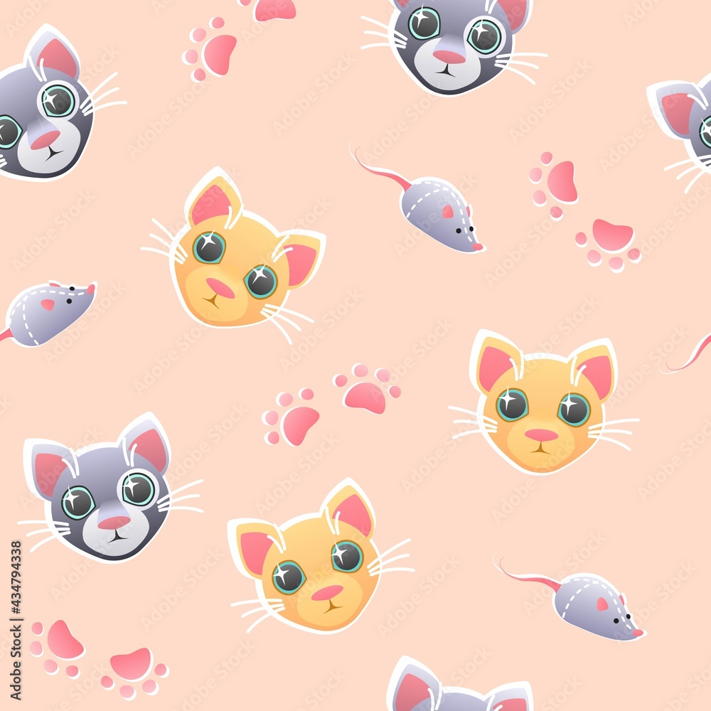 Cats seamless pattern cat mouse paws on brigt pink background  vector