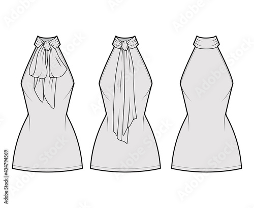Dress neck bow technical fashion illustration with high halter neckline, sleeveless, fitted body, mini length pencil skirt. Flat apparel front, back, grey color style. Women, men unisex CAD mockup