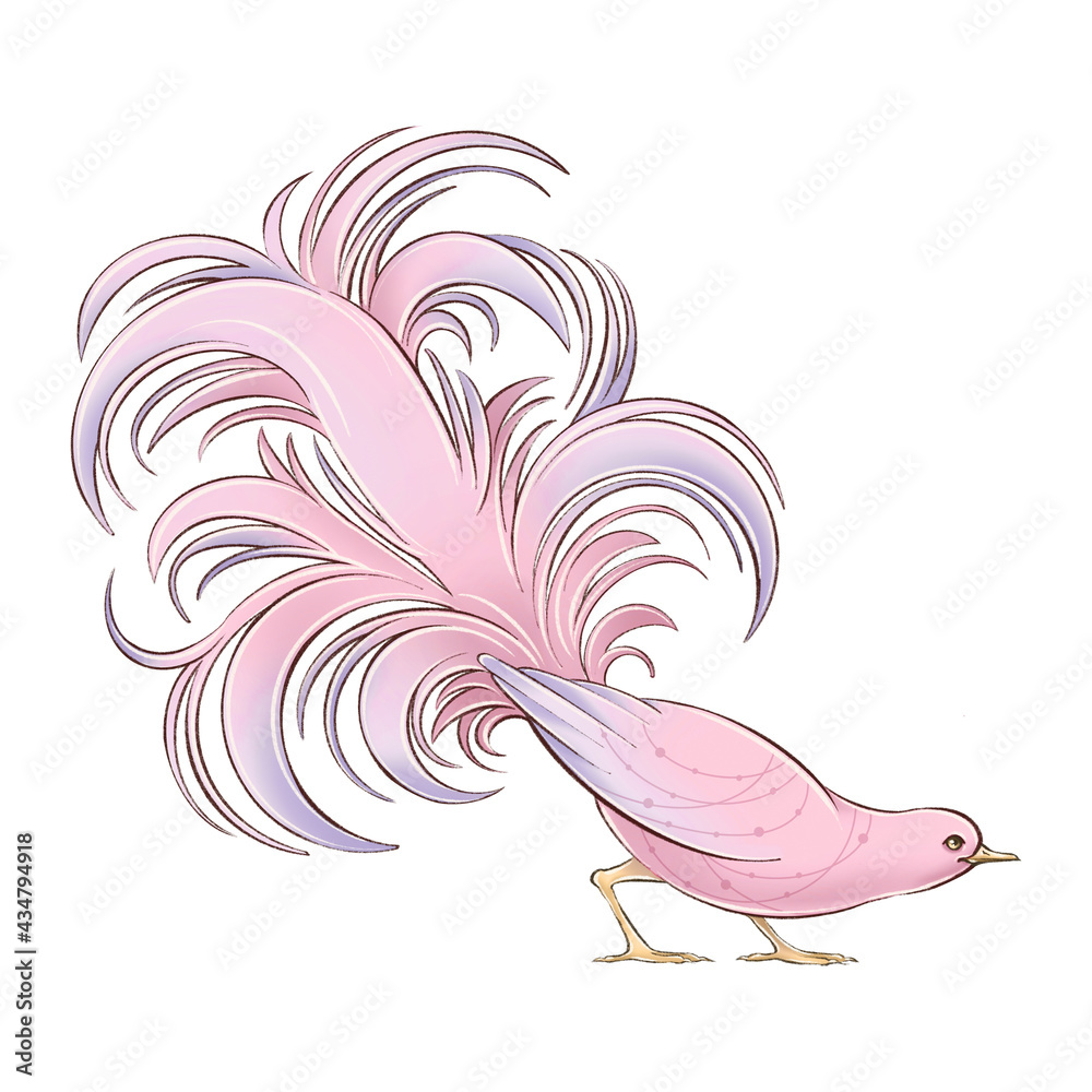 Obraz premium Hand drawn digital illustration of exotic pink bird in cartoon style for web or graphic design, decoration, stickers, books