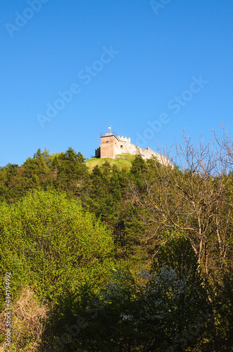 Scenic landscape view of ruins of ancient Kremenets castle on the top of the hill. Famous touristic place and romantic travel destination. Kremenets, Ternopil province, Ukraine