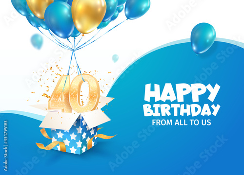 Celebrating 40th years birthday vector illustration. Forty anniversary celebration. Adult birth day. Open gift box with numbers three and eight flying on balloons