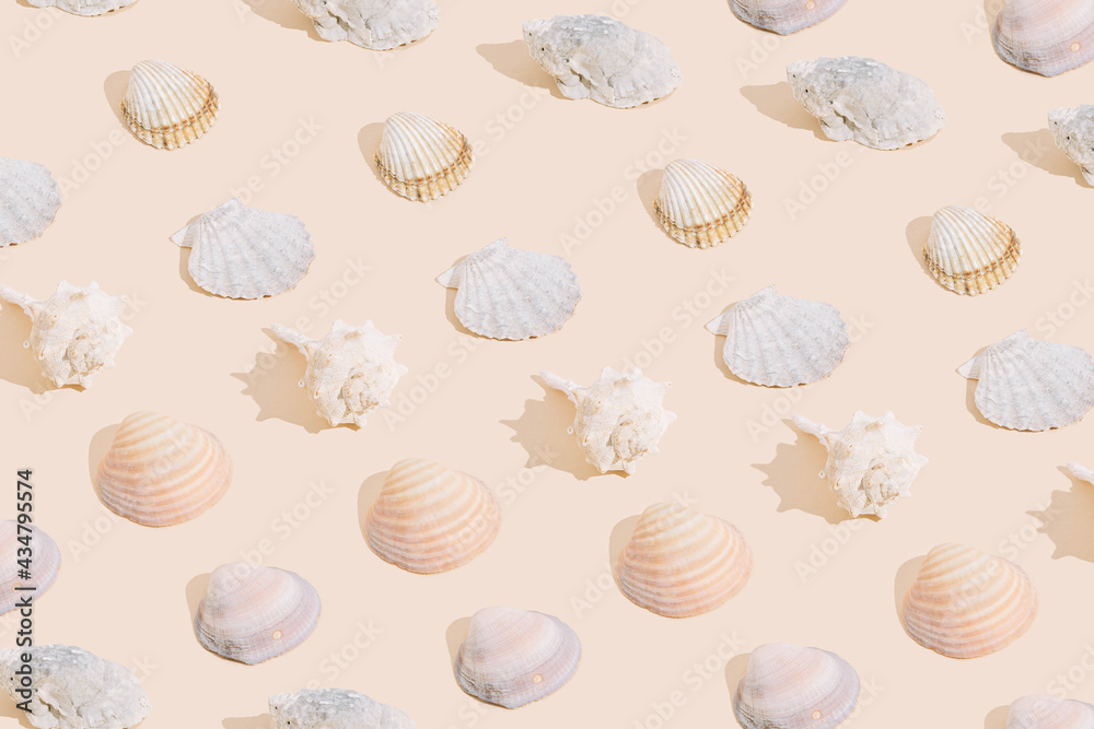 Summer pattern made with different shells, on sand color background. Minimal summer concept. Summer pattern made with different shells, on sand color background. Minimal summer concept.
