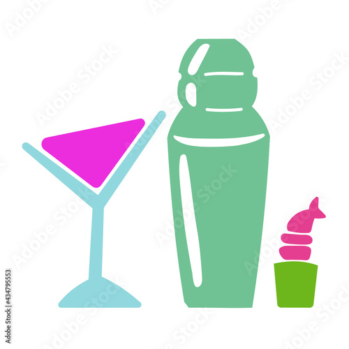 Martini cocktail, shaker and shrimp roll illustration isolated on white background
