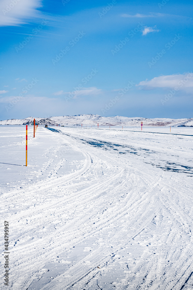 Road signs along the winter highway Road signs along the winter highway