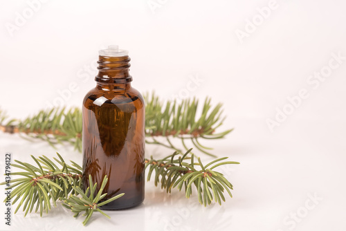 Glass bottle with aromatic oil or serum of a sprig of needles. Natural organic cosmetic spa concept.