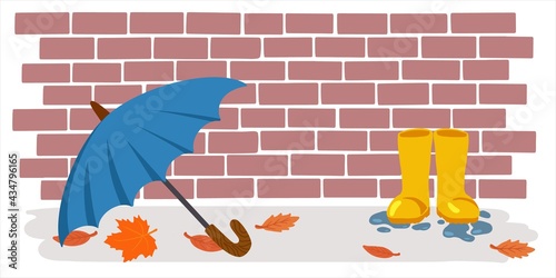 Umbrella and rubber boots on brick background, template, banner