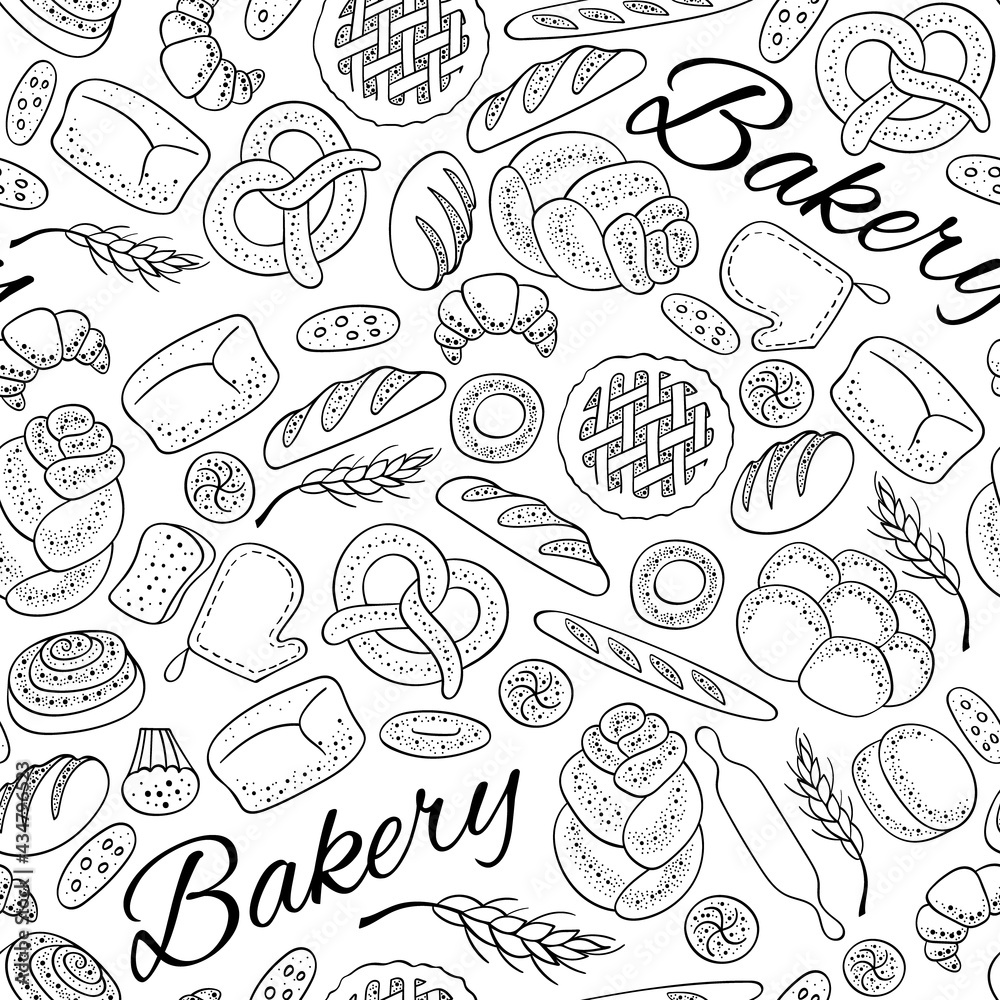 Hand drawn bakery seamless pattern. Bread and bun doodles. Vector illustration.