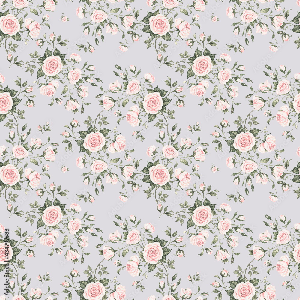 Fototapeta Seamless floral pattern drawn by paints on paper blooming branches of roses 