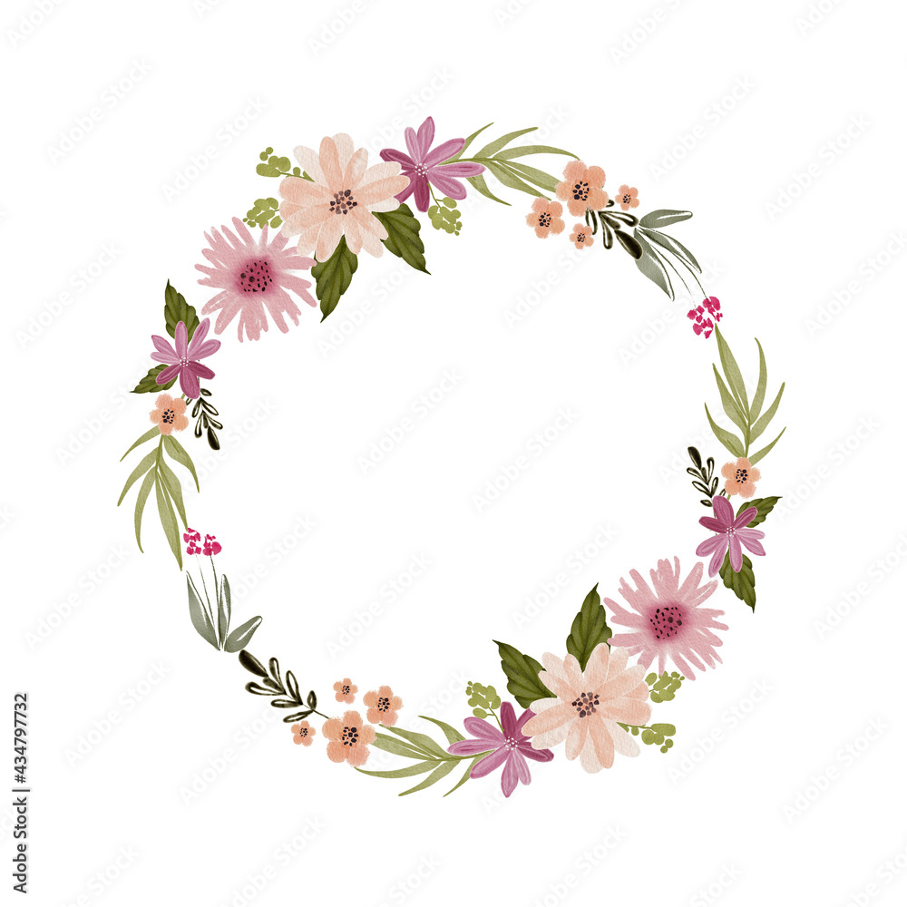 round frame with watercolor pink flowers and plants. isolated on white background hand painted, for weddings, designs and invitations