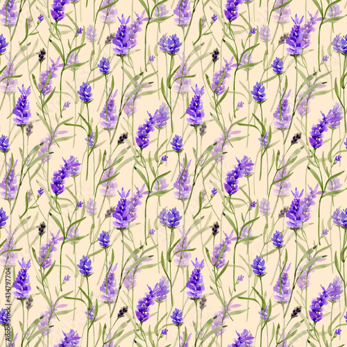 seamless floral pattern with delicate branches of lilac lavender on a light background, watercolor illustration hand painted