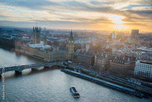 Photography London, UK - February 4, 2017: The Parliament boasting in the skyline during a gorgeous sunset from an aerial view of downtown London