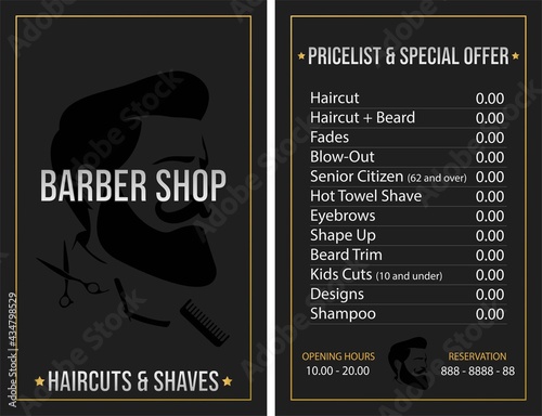 Illustration business card pricelist and special offer for barber shop